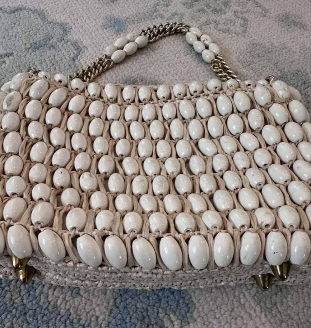 Vintage 1960s 70s Jana Made in Japan White Beaded Handbag Gold Chain Strap Shoul